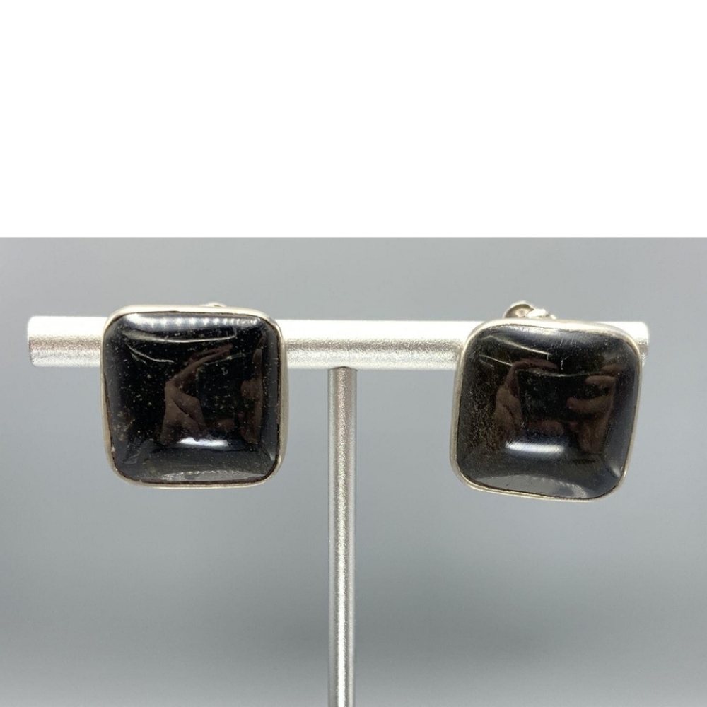 Vintage Sterling Silver ,Obsidian Square Earrings